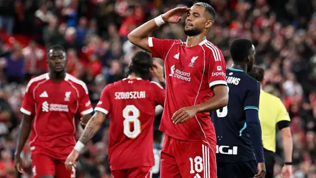 Cody Gakpo celebrates scoring for Liverpool against Athletic Bilbao