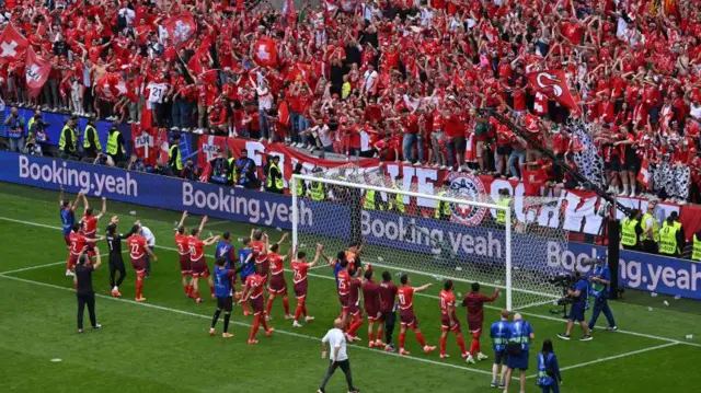 A general view as Switzerland players applaud their fans after the team's victory in the UEFA EURO 2024 group stage match between Hungary and Switzerland at Cologne Stadium