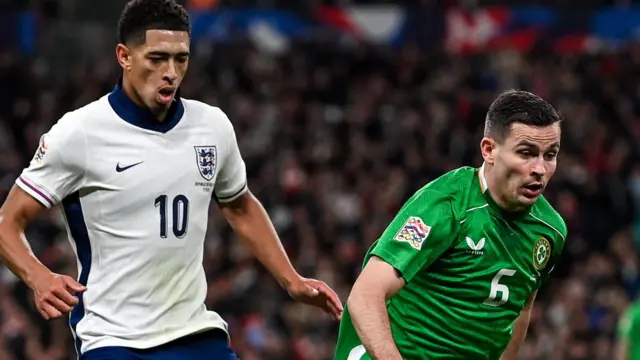 Burnley midfielder Josh Cullen competes with Jude Bellingham during the Republic of Ireland's defeat against England at Wembley