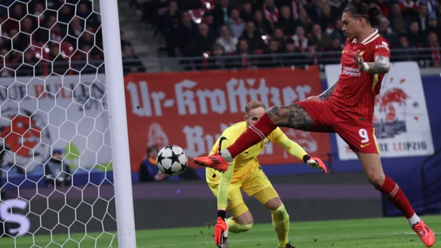 Darwin Nunez scores for Liverpool against RB Leipzig in the Champions League