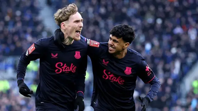 James Garner of Everton (L) celebrates scoring his team's first goal with teammate Adam Aznou 