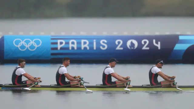 Graeme Thomas, Callum Dixon, Matthew Haywood and Thomas Barras of Team Great Britain compete in the Men’s Quadruple Sculls