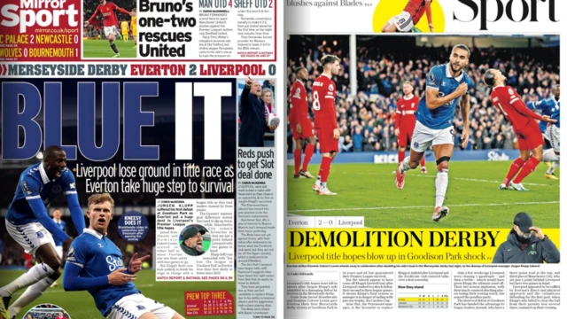 The Mirror backpage with a headline 'Blue It' and The Telegraph sport page with a headline of 'Demolition Derby'