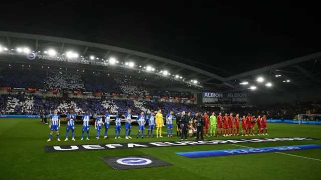 Teams line up ahead of the UEFA Europa League 2023/24 round of 16 second leg match between Brighton & Hove Albion and AS Roma