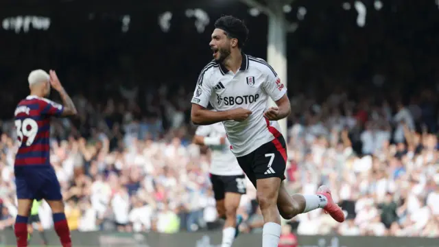 Raul Jimenez of Fulham celebrates scoring his team's first goal during the Premier League match between Fulham FC and Newcastle United FC