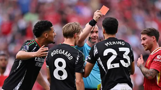 Mikel Merino receives red card against Liverpool