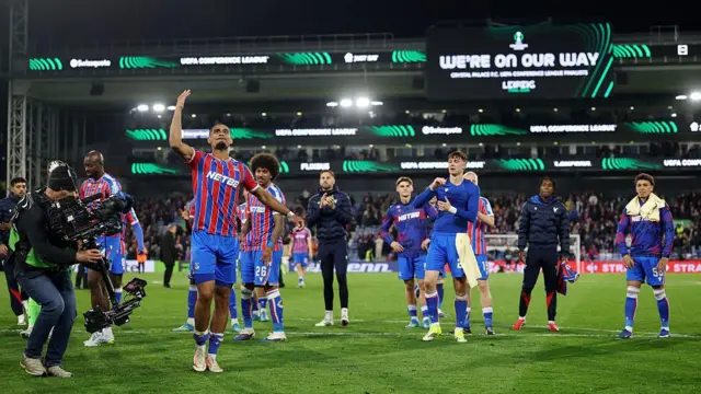 Maxence Lacroix of Crystal Palace celebrates towards the fans.