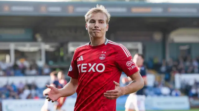 DINGWALL, SCOTLAND - AUGUTS 31: Aberdeen's Topi Keskinen during a William Hill Premiership match between Ross County and Aberdeen at the Global Energy Stadium, on August 31, 2024, in Dingwall, Scotland.