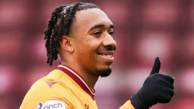 Motherwell's Theo Bair celebrates scoring to make it 1-0 during a cinch Premiership match between Motherwell and Livingston at Fir Park