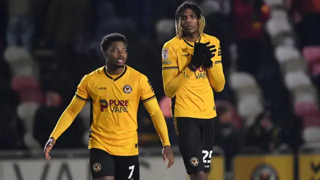 Kyle Hudlin and Bobby Kamwa of Newport County after their defeat to Wimbledon earlier this month