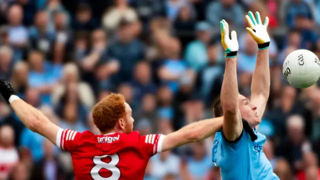 Conor Glass challenges for a high ball in Derry's defeat by Dublin in Newry