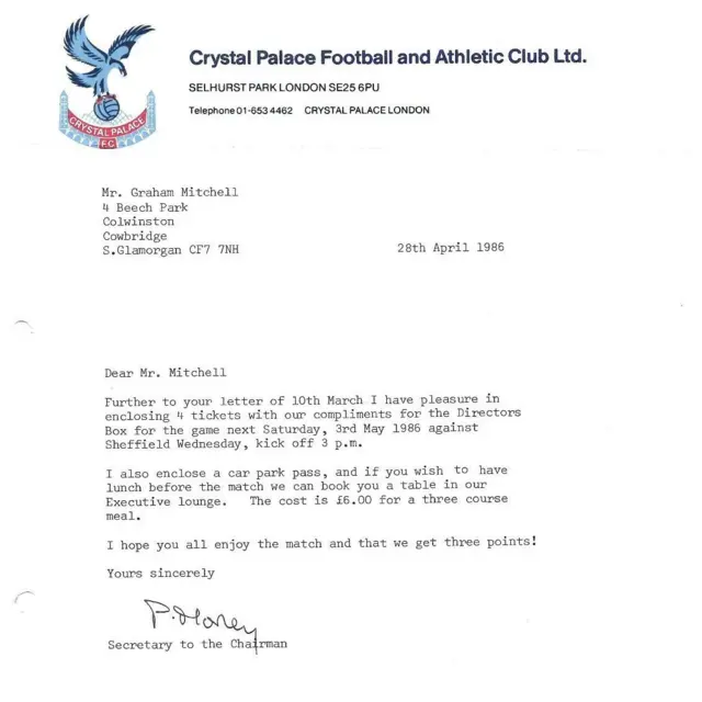 An image of a letter from Crystal Palace Football Club, addressed to Mr Graham Mitchell on 28 April 1986