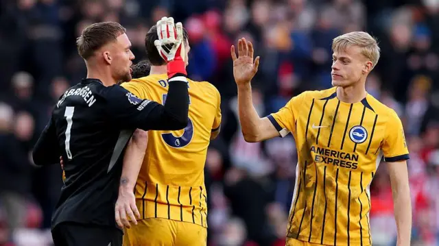 Brighton & Hove Albion's Bart Verbruggen celebrates with Jan Paul van Hecke.