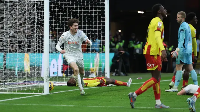 Josh Key runs away to celebrate at Watford