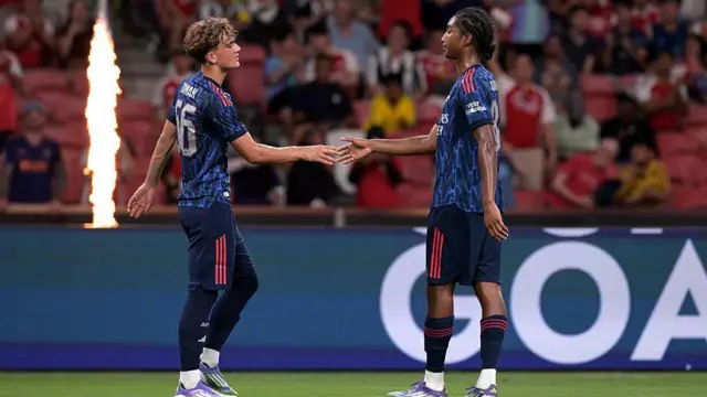 Max Dowman and Marli Salmon shake hands during Arsenal's win over Newcastle in pre-season