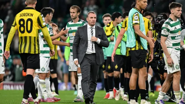 Brendan Rodgers amid Celtic and Kairat players