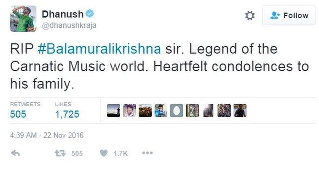 Tamil actor and director Venkatesh Prabhu, known as Dhanush, was one of many paying his respects on Twitter