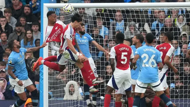 Gabriel scores a header from a corner for Arsenal against Manchester City