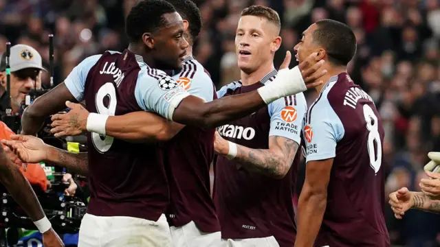 Aston Villa players celebrate victory against Bayern Munich