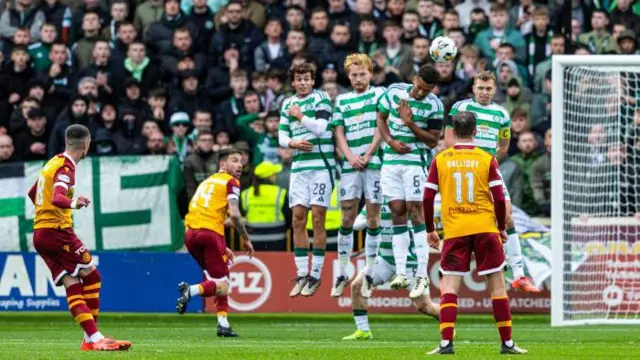 Lennon Miller hits the bar with his free-kick in the 10th minute