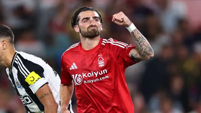 Jota Silva punches the air after scoring for Nottingham Forest after scoring against Newcastle