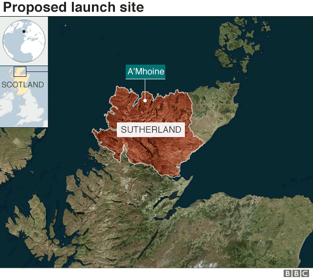 A graphic showing a large chunk of the north of Scotland. Show in red is the area of Sutherland in the Highlands. A label reading "A'Mhoine" points to the location of the proposed spaceport.