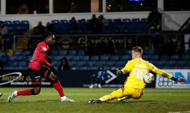 St Mirren’s Toyosi Olusanya scores to make it 1-1 during a cinch Premiership match between Ross County and St Mirren at the Global Energy Stadium,