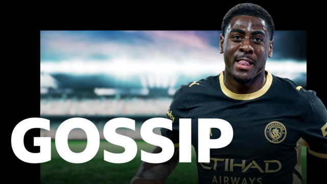 BBC Sport's gossip column graphic which has 'gossip' written in white letters on top of a blurred out floodlit football stadium