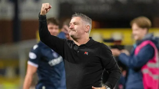 Dundee manager Tony Docherty confirmed substitute Julien Vetro fainted in the dressing room before kick-off.

"He just fainted and was unconscious for quite a bit," the Dundee boss says.

"It was a real concern for the players, witnessing that. It was pretty worrying for a spell but he's been to hospital and they've done checks on him and he's back in the dressing room celebrating with his team-mates.

"I want the players to get full credit for their performance and their resilience for not lying down. If you look at Ziyad Larkeche's run to get that goal from the halfway line that is just desire to win the match with 20 seconds left to go.

"For the team to go 2-0 down at home and with the run we've been on, to show that character and mentality, I'm delighted. They deserve everything they get.

"We've done a lot of work on stuff in this little run and it all came out there on the pitch. They're a hard-working bunch and they got their rewards today."