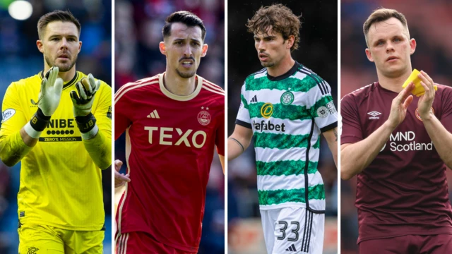 From left to right: Rangers' Jack Butland, Aberdeen's Bojan Miovski, Celtic's Matt O'Riley and Hearts' Lawrence Shankland