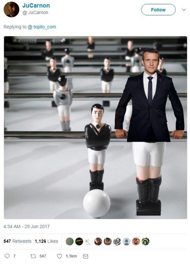 Mr Macron was posed as a table football player