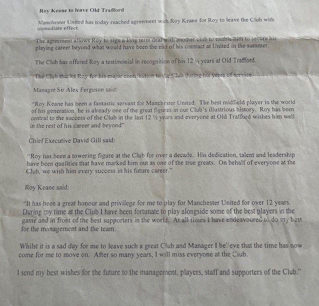 Official confirmation of Roy Keane's departure from Manchester United in November 2005