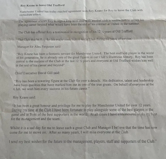 Official confirmation of Roy Keane's departure from Manchester United in November 2005