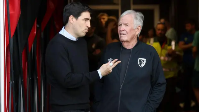 Head Coach Andoni Iraola of Bournemouth with club owner and Chairman Bill Foley