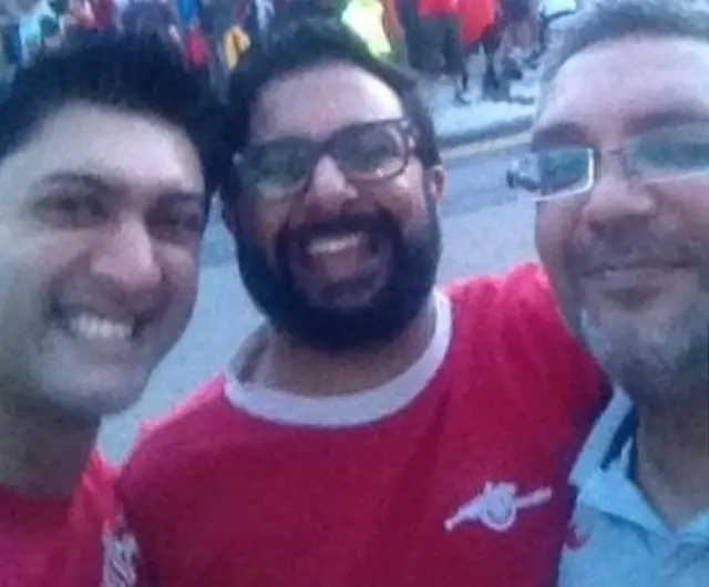 Anand Modha and his friends celebrating an Arsenal win 