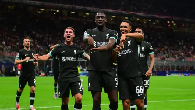 Liverpool players celebrate Ibrahim Konate's goal against AC Milan