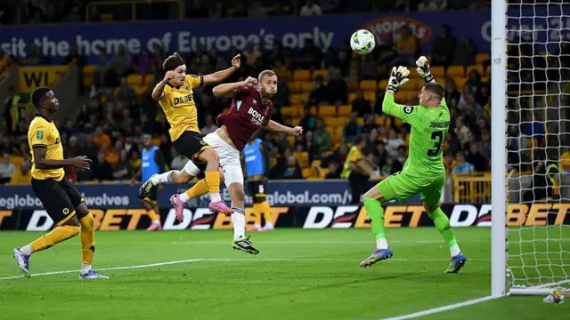 Jorgen Strand Larsen heads home for Wolves against West Ham
