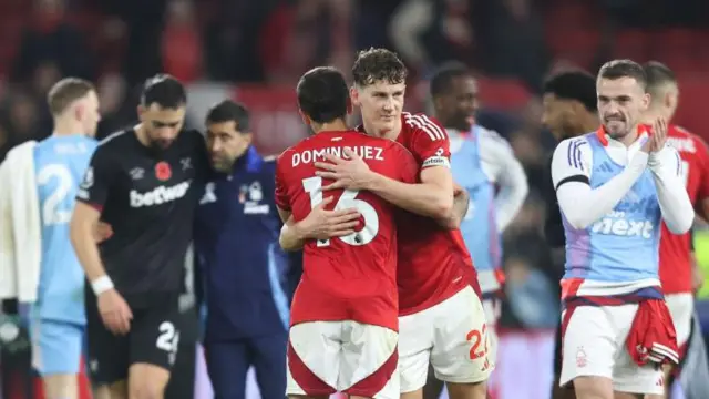 Nottingham Forest's Ryan Yates and Nicolas Dominguez celebrate at the final whistle during the Premier League match between Nottingham Forest FC and West Ham United FC at City Ground