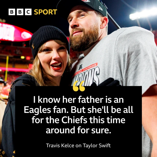 Travis Kelca and Taylor Swift celebrate on the pitch after Kansas City Chiefs win