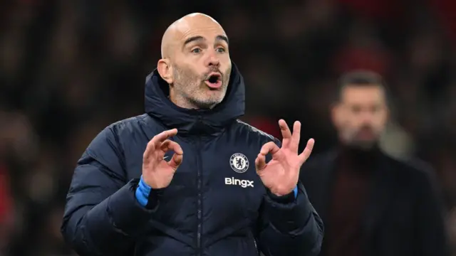 Enzo Maresca, Manager of Chelsea, reacts during the Premier League match between Manchester United FC and Chelsea FC at Old Trafford