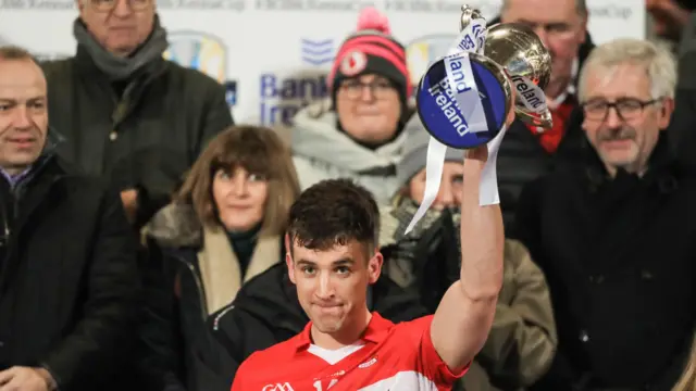 Derry were the winners of the last two Dr McKenna Cup competitions in 2023 and 2024 and here is captain Shane McGuigan lifting the trophy. 