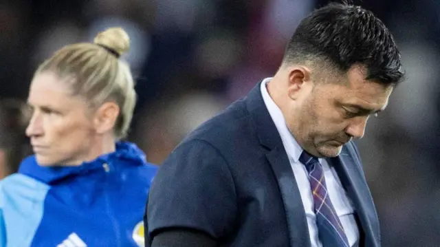 Scotland head coach Pedro Martinez Losa looks dejected at full time during a UEFA Women's Nations League match between England and Scotland at the Stadium of Light