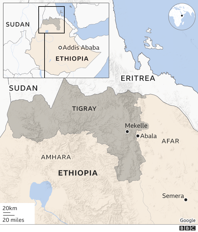 Map showing Tigray and other regions with key places