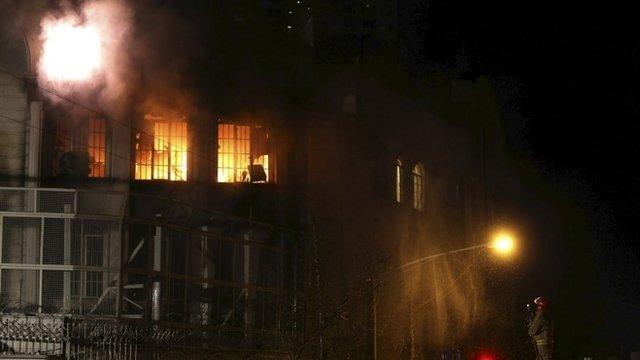 Flames rise from Saudi Arabia"s embassy during a demonstration in Tehran January 2, 2016.