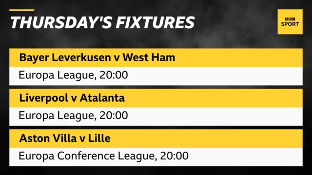 Thursday's European fixtures involving Premier League teams: Bayer Leverkusen v West Ham (Europa League, 20:00), Liverpool v Atalanta (Europa League, 20:00), Aston Villa v Lille (Europa Conference League, 20:00)