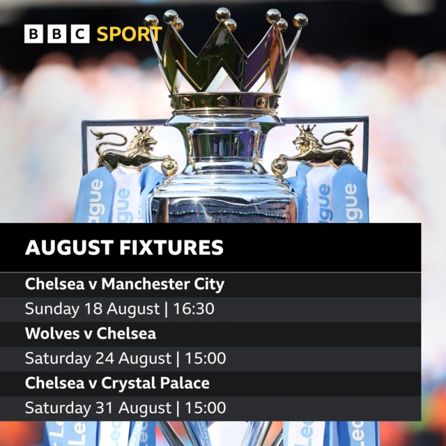 Chelsea's August Premier League fixtures graphic: Chelsea v Manchester City Sunday 18 August 16:30, Wolves v Chelsea Saturday 24 August 15:00, Chelsea v Crystal Palace Saturday 31 August 15:00