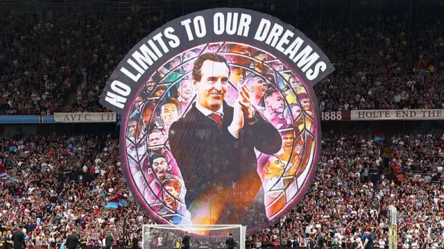 Aston Villa tifo with 'no limits to our dreams' and a picture of Unai Emery