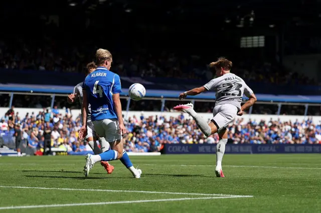 Dom Ballard back-heels the ball into the top corner on the volley at St Andrew's