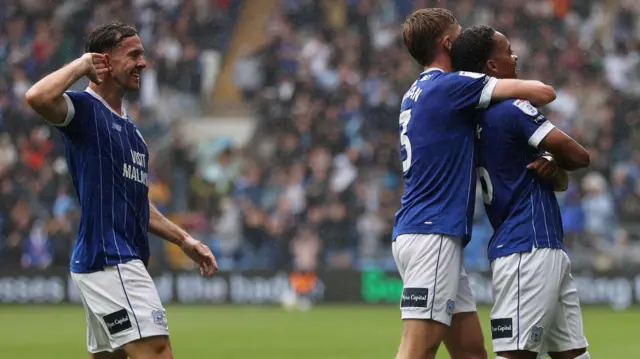 Cardiff players celebrate against Plymouth