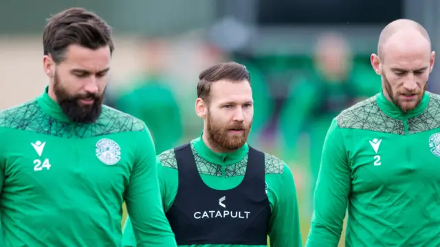 Darren McGregor, Martin Boyle and David Gray during Hibernian media access at HTC